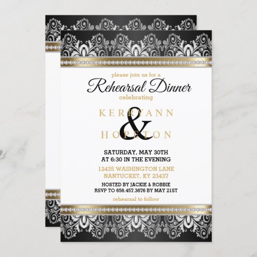 White Black Silver  Gold _ Rehearsal Dinner Invitation