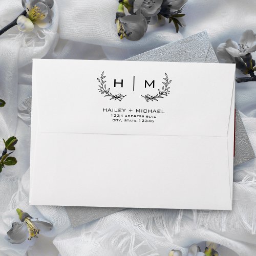 White  Black Simple Elegant Floral Wedding Guest Envelope