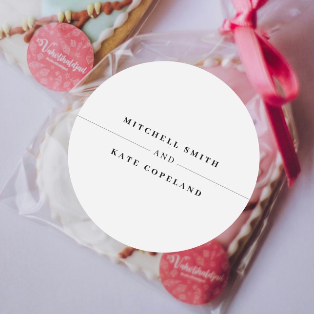 White & Black Simple Minimalist Name Line Wedding Classic Round Sticker (White & Black Simple Minimalist Name Line Wedding Classic Round Sticker)