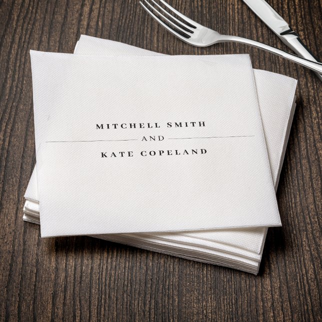 White & Black Simple Minimalist Name Line Wedding Napkins (Creator Uploaded)