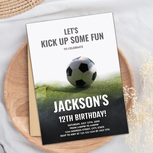 White Black Soccer Birthday Invitations