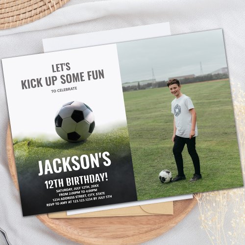 White Black Soccer Birthday Invitations w photo