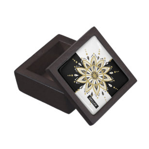 White & Black Squares Black & Gold Mandala 2d Jewelry Box