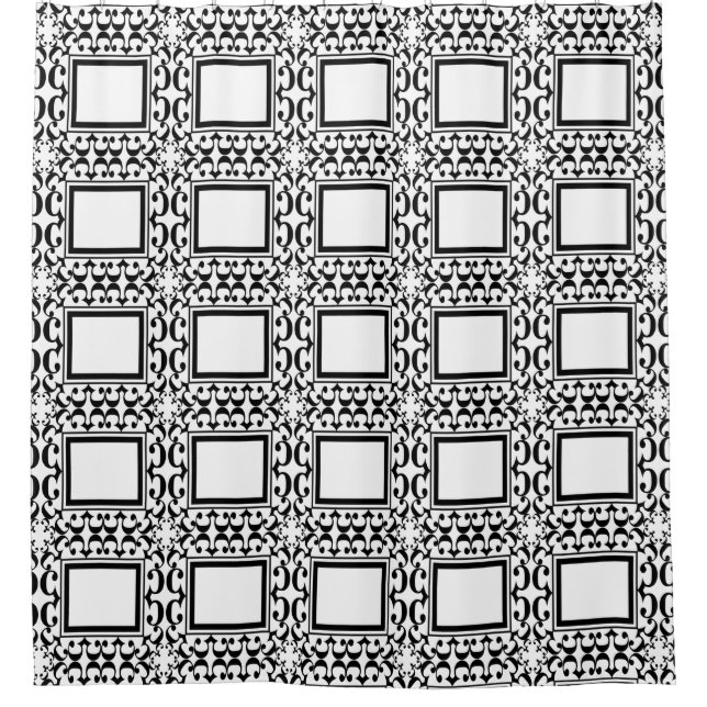 White Black Squares Ornate Curlicue Shower Curtain (Front)