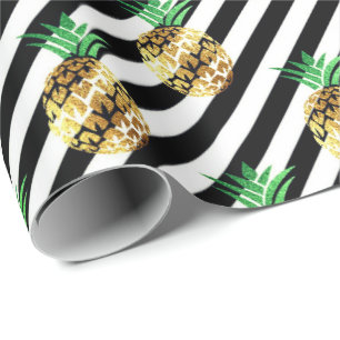 White black stripes tropical fruit pineapple gold wrapping paper
