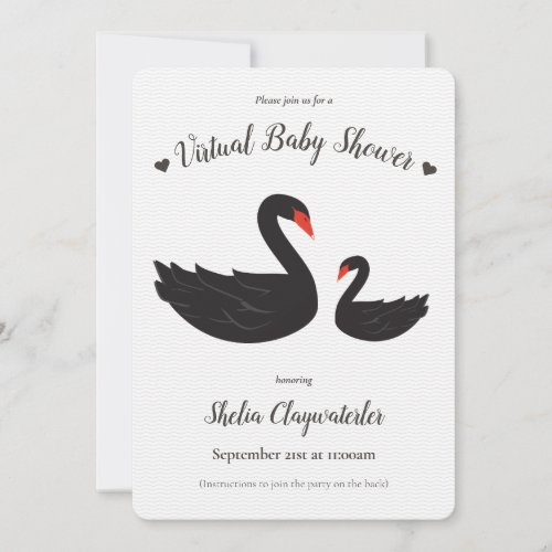 White Black Swan Bird Heart Virtual Baby Shower Invitation