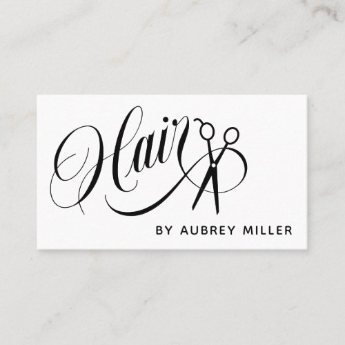 White Black Swirly Script Scissors Hair Stylist Business Card