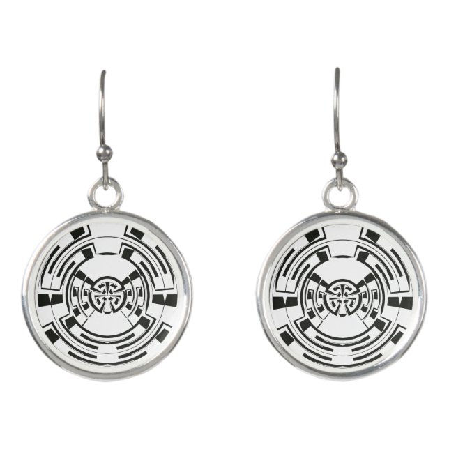 White Black Target Maze Pattern Drop Earrings (Front)