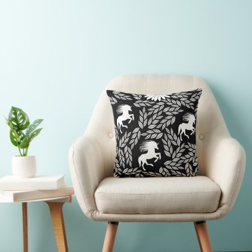 White  Black Trendy Unicorn  Floral Pattern Throw Pillow