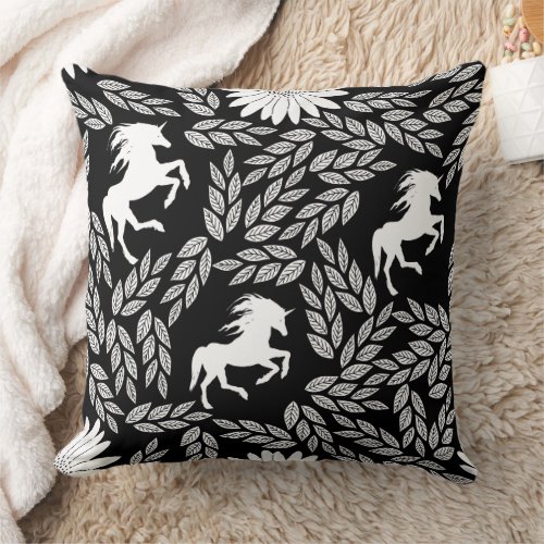 White  Black Trendy Unicorn  Floral Pattern Throw Pillow