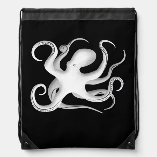 White  Black Tribal Vector Art Octopus Silhouette Drawstring Bag