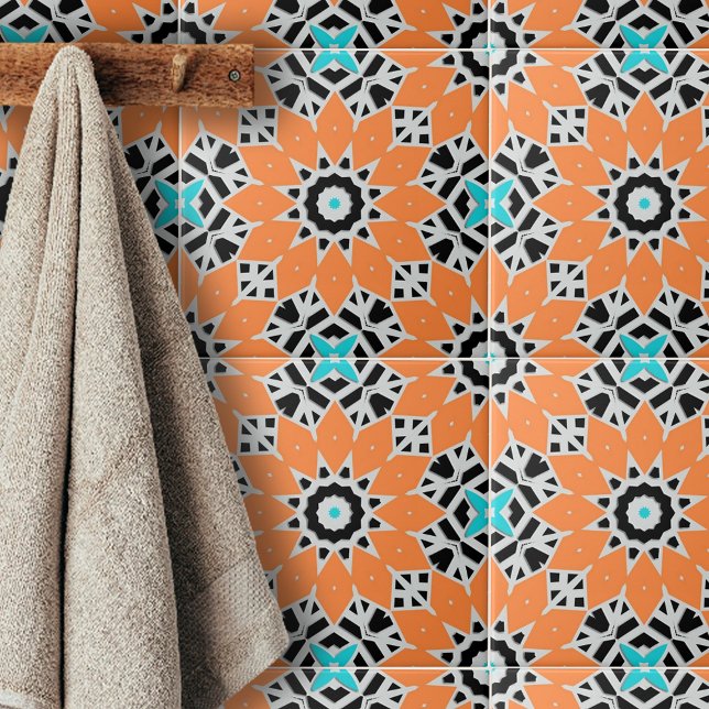 White Black Turquoise Moroccan Geometric Motifs Ceramic Tile (Creator Uploaded)