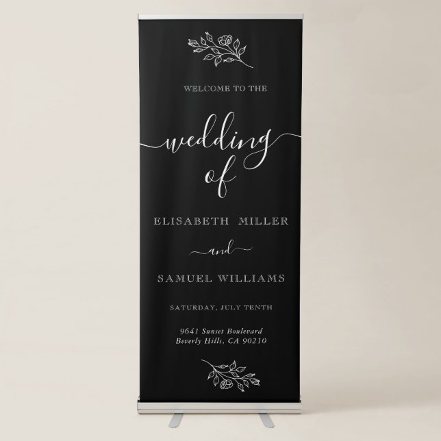 White Black Typography Botanical Flower Retractable Banner (Front)