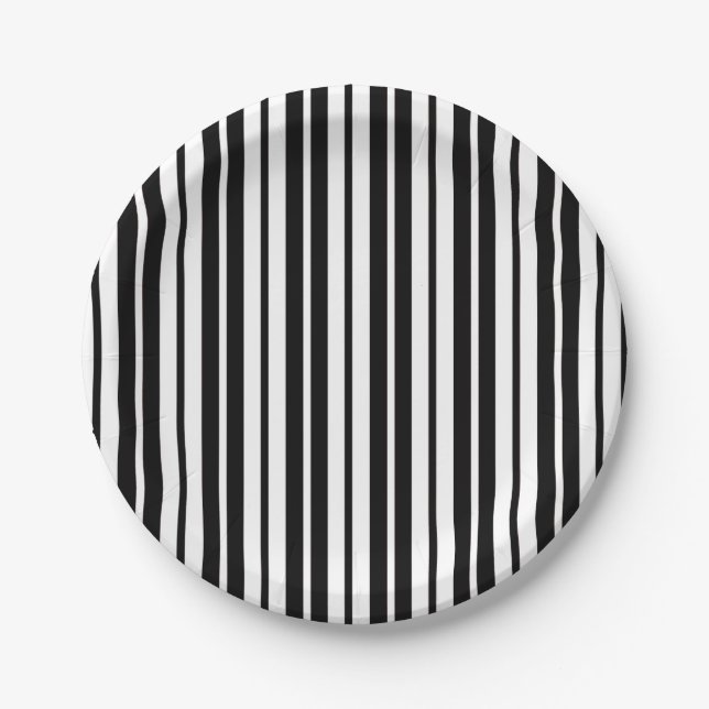 White Black Vertical Stripes Pattern Design Paper Plates (Front)