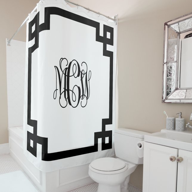 White Black Vine Monogram DIY BG & Greek Key Frame Shower Curtain (Creator Uploaded)