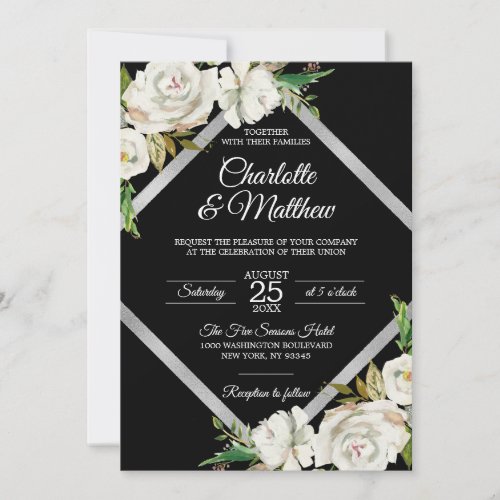 White Black Vintage Floral Wedding Details RSVP Invitation