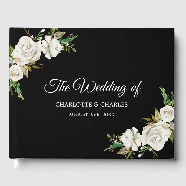White Black Vintage Floral Wedding Guest Book | Zazzle