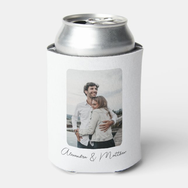 White Black Wedding Calligraphy Personalized Photo Can Cooler (Can Front)