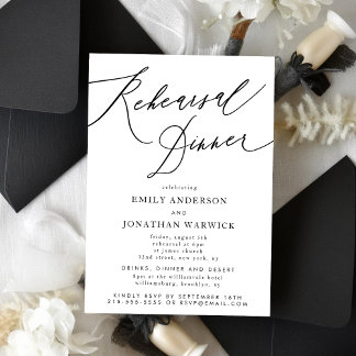 White Black Wedding Rehearsal Dinner Invitation