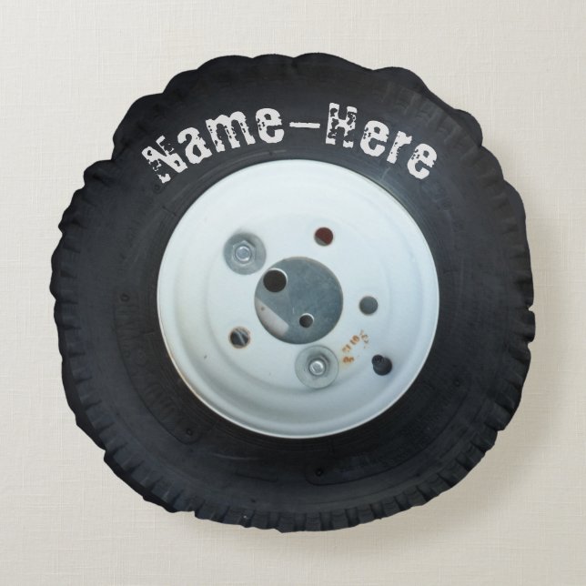 White & Black wheel/ tire  personalized name Round Pillow (Front)