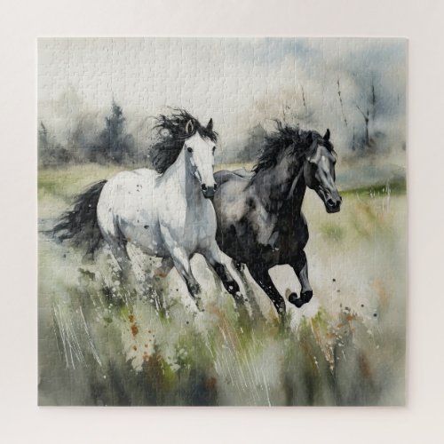 White Black Wild Horses Watercolor Jigsaw Puzzle