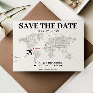 White & Black World Map Destination Wedding Save The Date