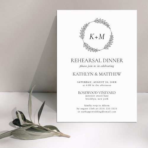 White Black Wreath Monogram Rehearsal Dinner Invitation