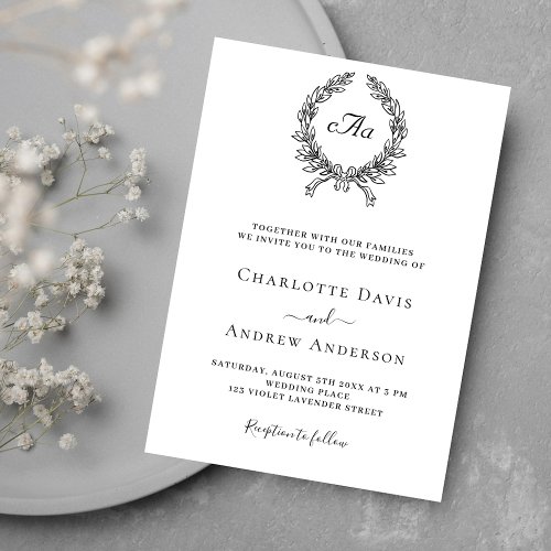 White black wreath monogram wedding invitation