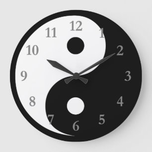 White/Black Yin Yang Symbol with Gray Numbers Large Clock