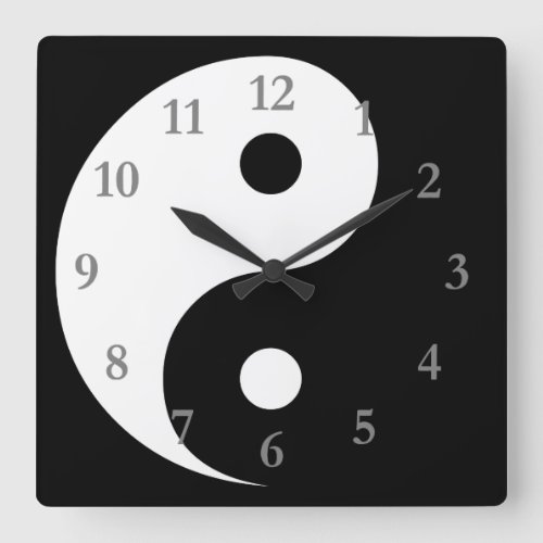 White Black Yin Yang Symbol with Gray Numbers Square Wall Clock