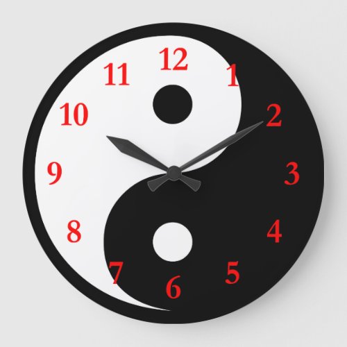 WhiteBlack Yin Yang Symbol with Red Numbers Large Clock