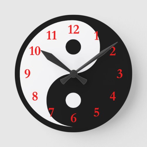 White Black Yin Yang Symbol with Red Numbers Round Clock