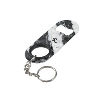 White & BlackFaux Marble Monogram Keychain Bottle Opener