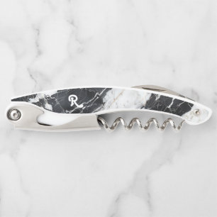 White & BlackFaux Marble Monogram Waiter's Corkscrew
