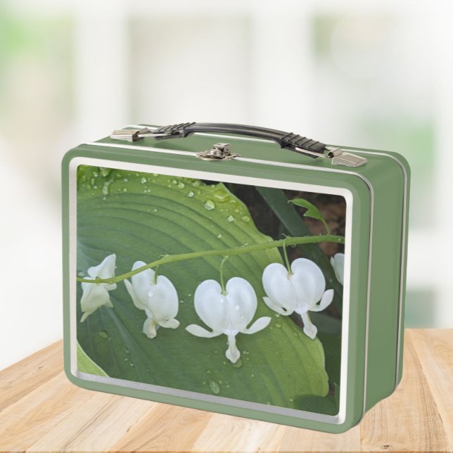 White Bleeding Heart Floral Metal Lunch Box (In Situ)