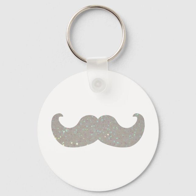 White Bling Mustache (Faux Glitter Graphic) Keychain (Front)