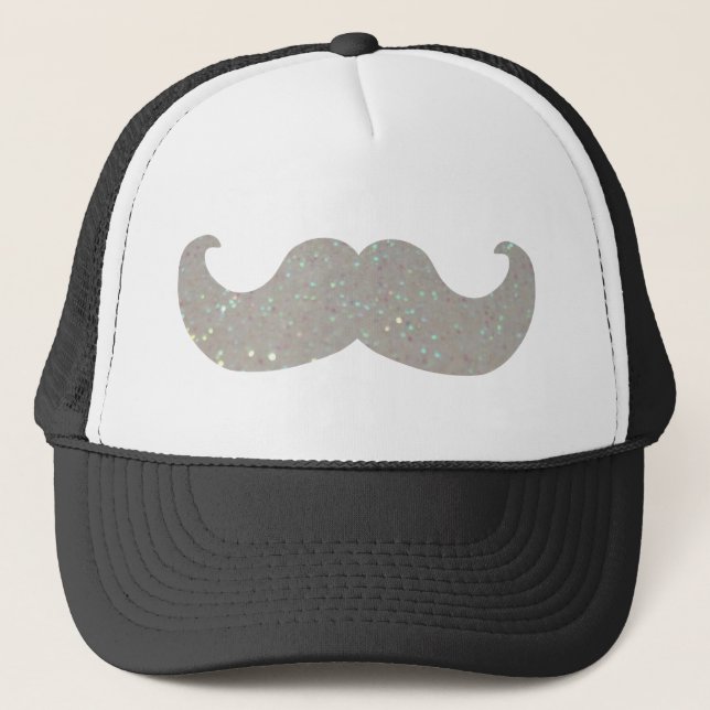 White Bling Mustache (Faux Glitter Graphic) Trucker Hat (Front)