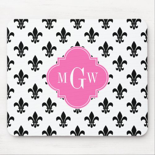 White Blk Fleur de Lis Hot Pink 3 Initial Monogram Mouse Pad