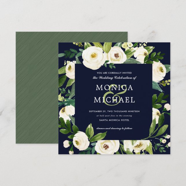 White Bloom | Blue Floral Botanical  Wedding Invitation (Front/Back)