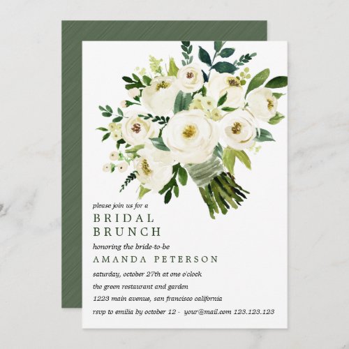 White Bloom   Bride Bouquet Wedding Bridal Brunch Invitation