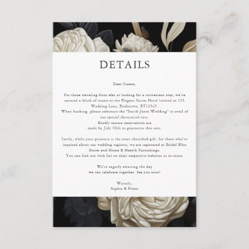 White Bloom Dark Wedding Details Enclosure Card