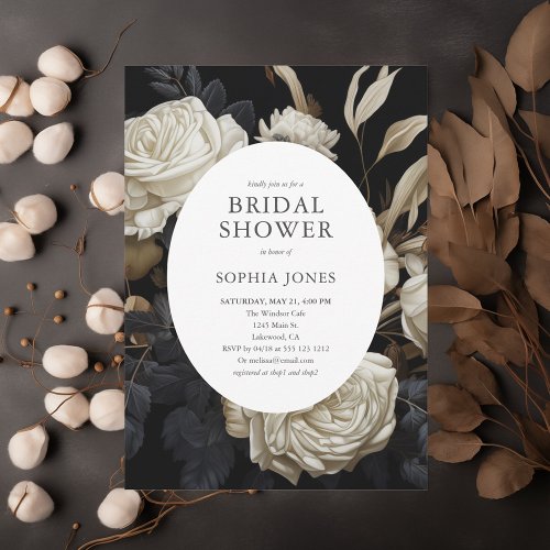White Bloom Dried Leaves Dark Bridal Shower Invitation