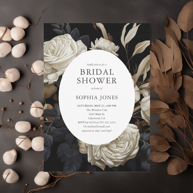 White Bloom Dried Leaves Dark Bridal Shower Invitation (Creator Uploaded)
