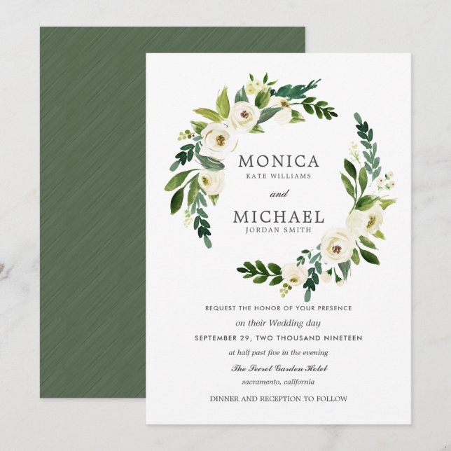 White Bloom | Elegant Floral Wreath  wedding Invitation (Front/Back)