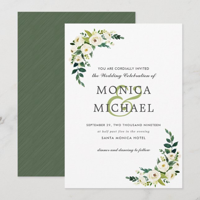 White Bloom | Floral Botanical Corner Wedding Invitation (Front/Back)