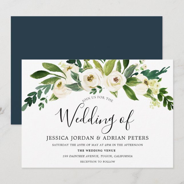 White Bloom Floral Greenery Wedding Invitation (Front/Back)