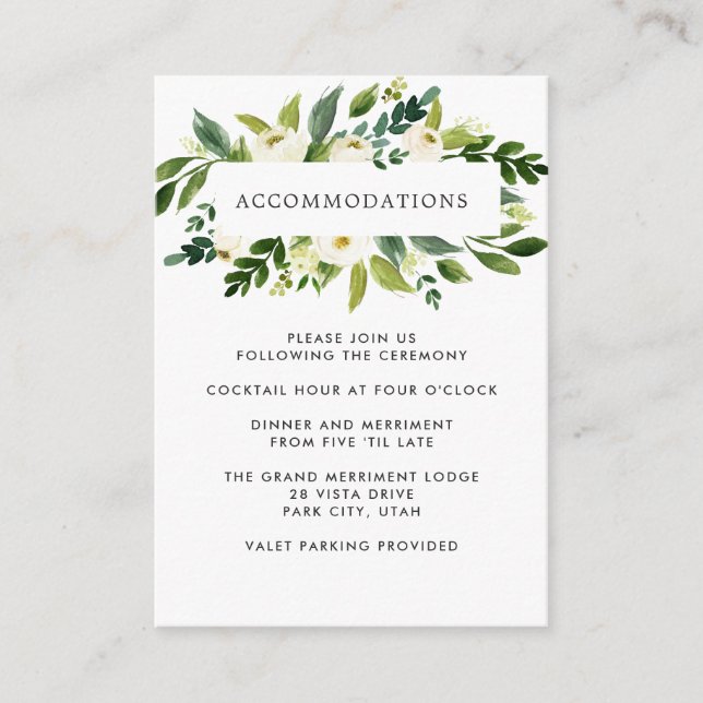 White Bloom | Floral WEDDING Hotel Accommodation Enclosure Card (Front)