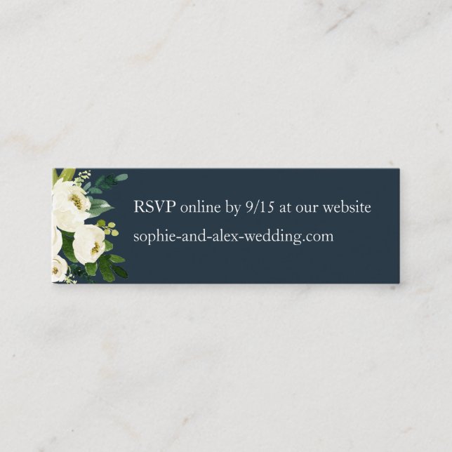 White Bloom Floral Wedding Website RSVP Cards Navy (Front)