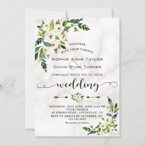 White Bloom Flowers Marble Handwriting Wedding Invitation