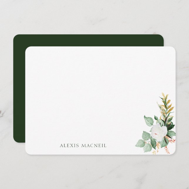 White Bloom Greenery Women Personalized Stationary Note Card (Front/Back)